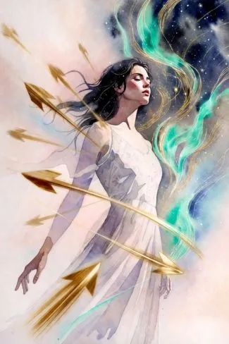 Woman surrounded by golden arrows symbolizing reactive decision making and external pressure in wealth building.