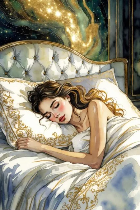 Woman peacefully sleeping in a luxurious bedroom symbolizing SATS for lottery manifestation and wealth visualization.