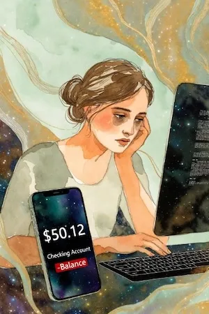 Woman looking stressed at low checking account balance on phone and laptop representing hard work without wealth creation.