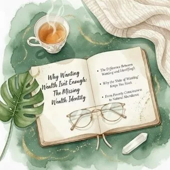 A watercolor-style flat lay featuring a journal titled Why Wanting Wealth Isn’t Enough, demonstrating the core principles of wealth identity.