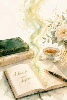 Open journal with books, pen, and coffee — a beautiful new chapter of creativity and beginning again