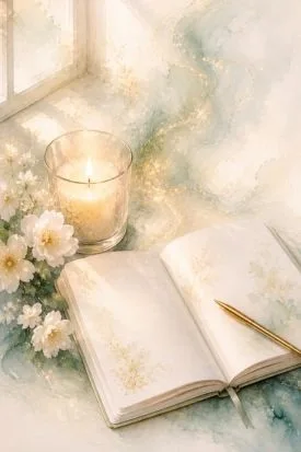 Open journal with candle and flowers by a window — a quiet reflection on life's precious moments